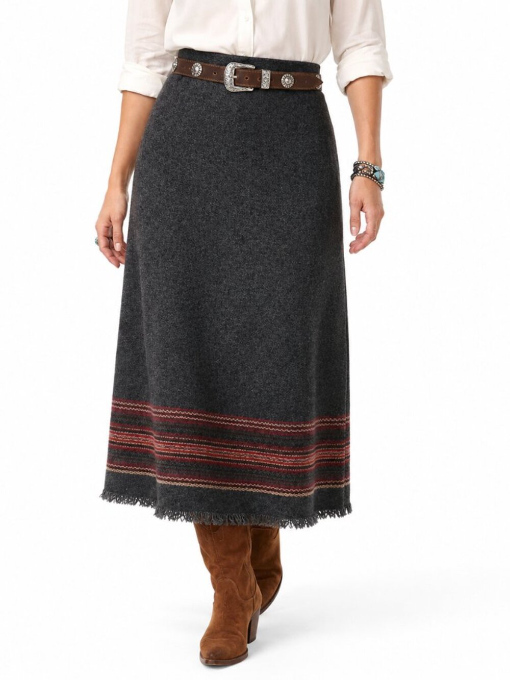 Gray Tweed Embroidered Fringe 90s Western Boho Sag Harbor Pencil Skirt [sz 16W]